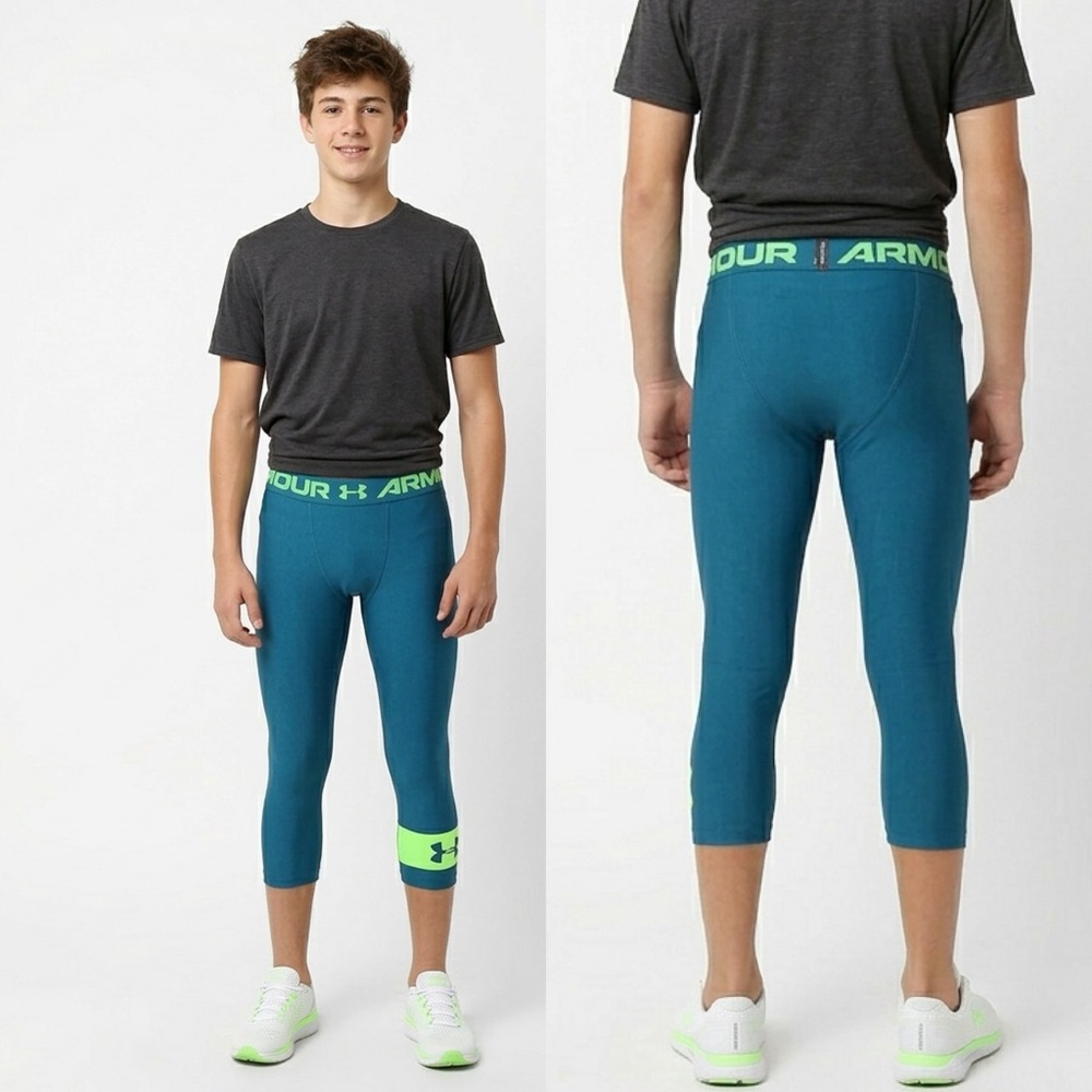 Under Armour Headgear Male Blue and Neon Green Cropped Leggings - Size YLG